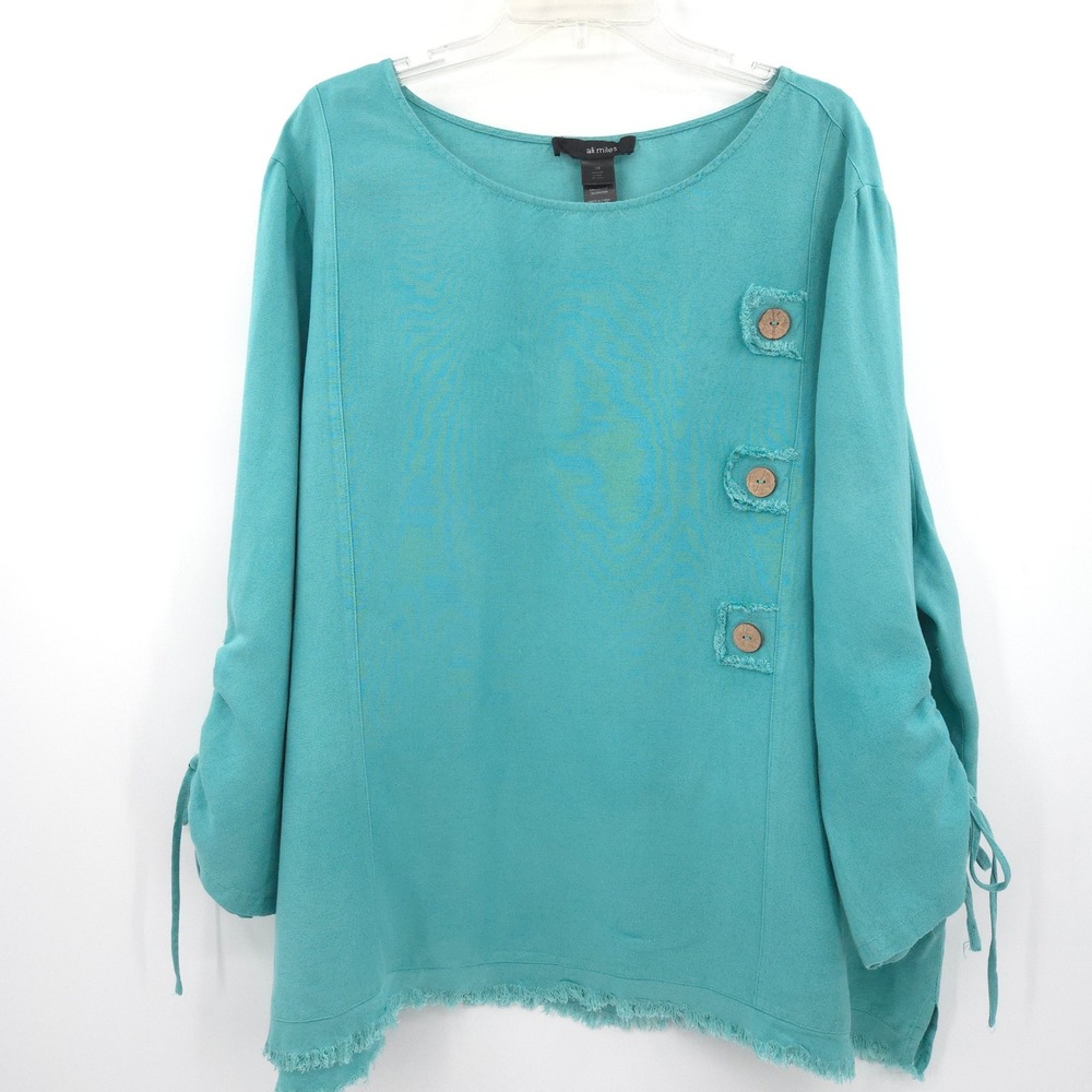 Ali Miles Blouse Womens 3X Teal Linen Blend Button Fringe Ruched Sleeve Top